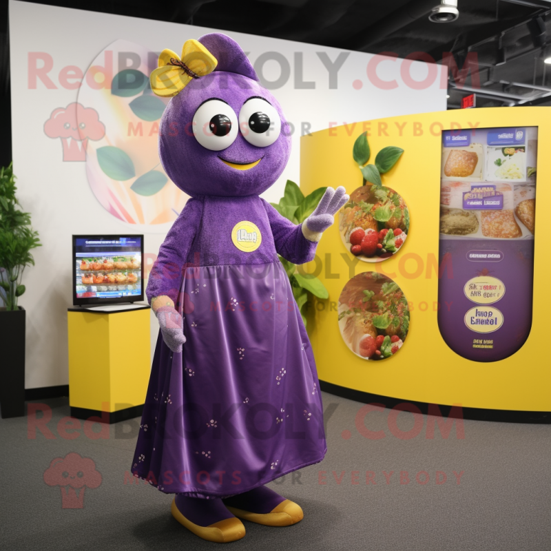 Purple Lemon mascot costume character dressed with a Maxi Dress and Coin purses Purple Lemon mascot costume character dressed with a Maxi Dress and Coin purses