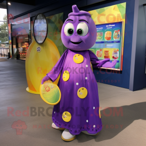 Purple Lemon mascot costume character dressed with a Maxi Dress and Coin purses