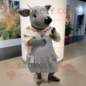 Gray Tapir mascot costume character dressed with a Wrap Dress and Shoe clips