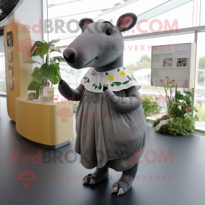 Gray Tapir mascot costume character dressed with a Wrap Dress and Shoe clips