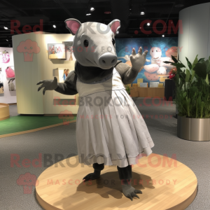 Gray Tapir mascot costume character dressed with a Wrap Dress and Shoe clips