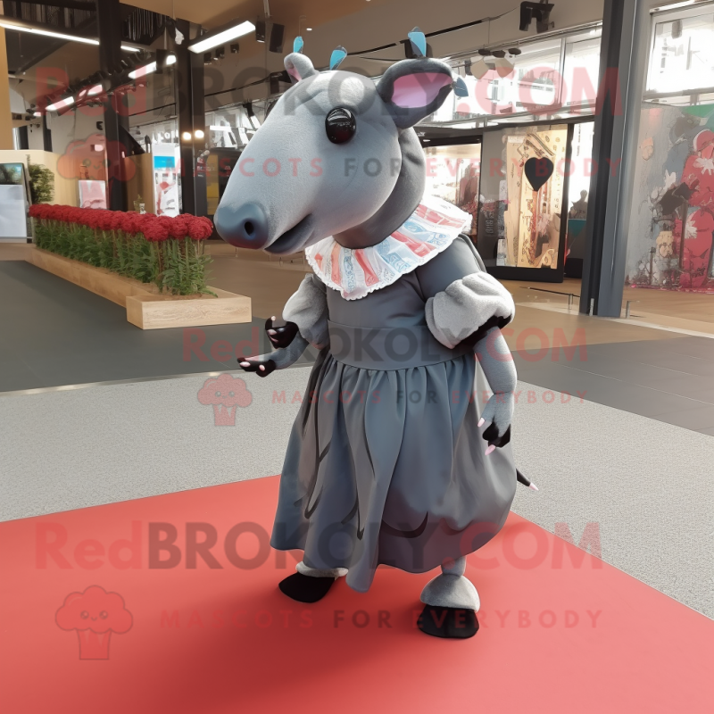 Gray Tapir mascot costume character dressed with a Wrap Dress and Shoe clips