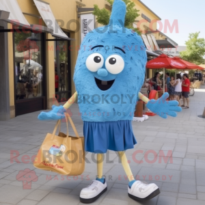 Blue Paella mascot costume character dressed with a Shorts and Tote bags