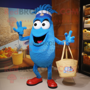 Blue Paella mascot costume character dressed with a Shorts and Tote bags