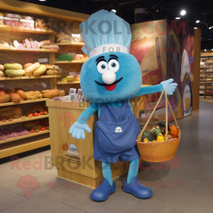 Blue Paella mascot costume character dressed with a Shorts and Tote bags