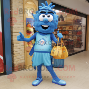 Blue Paella mascot costume character dressed with a Shorts and Tote bags