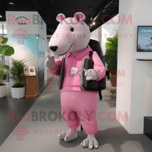 Pink Tapir mascot costume character dressed with a Romper and Briefcases