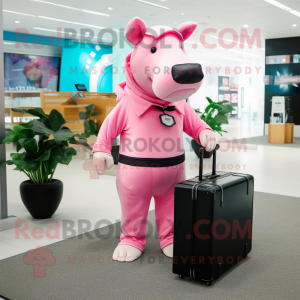 Pink Tapir mascot costume character dressed with a Romper and Briefcases