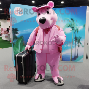 Pink Tapir mascot costume character dressed with a Romper and Briefcases