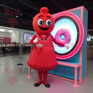 Red Donut mascot costume character dressed with a Evening Gown and Digital watches