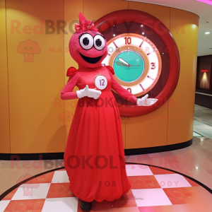 Red Donut mascot costume character dressed with a Evening Gown and Digital watches
