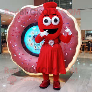 Red Donut mascot costume character dressed with a Evening Gown and Digital watches