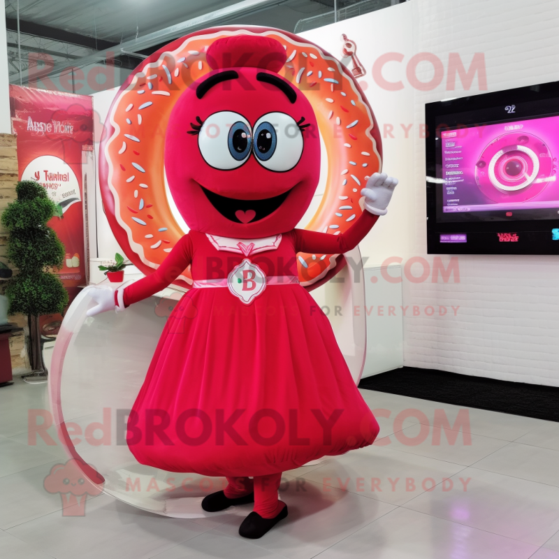 Red Donut mascot costume character dressed with a Evening Gown and Digital watches