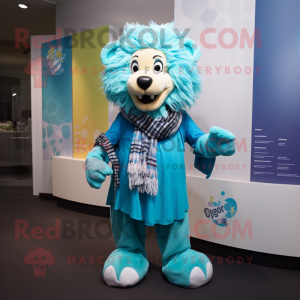 Turquoise Lion mascot costume character dressed with a Skirt and Scarves