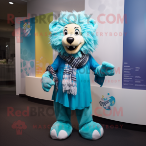 Turquoise Lion mascot costume character dressed with a Skirt and Scarves