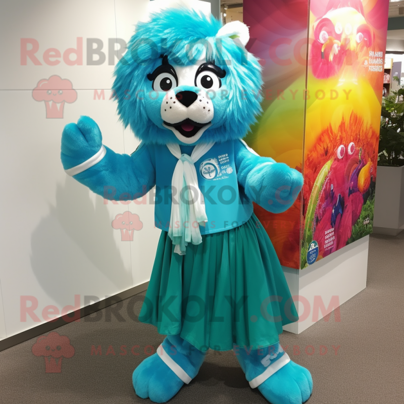 Turquoise Lion mascot costume character dressed with a Skirt and Scarves Turquoise Lion mascot costume character dressed with a Skirt and Scarves