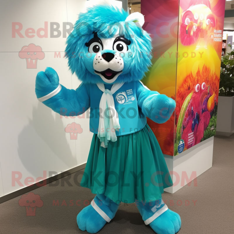 Turquoise Lion mascot costume character dressed with a Skirt and Scarves