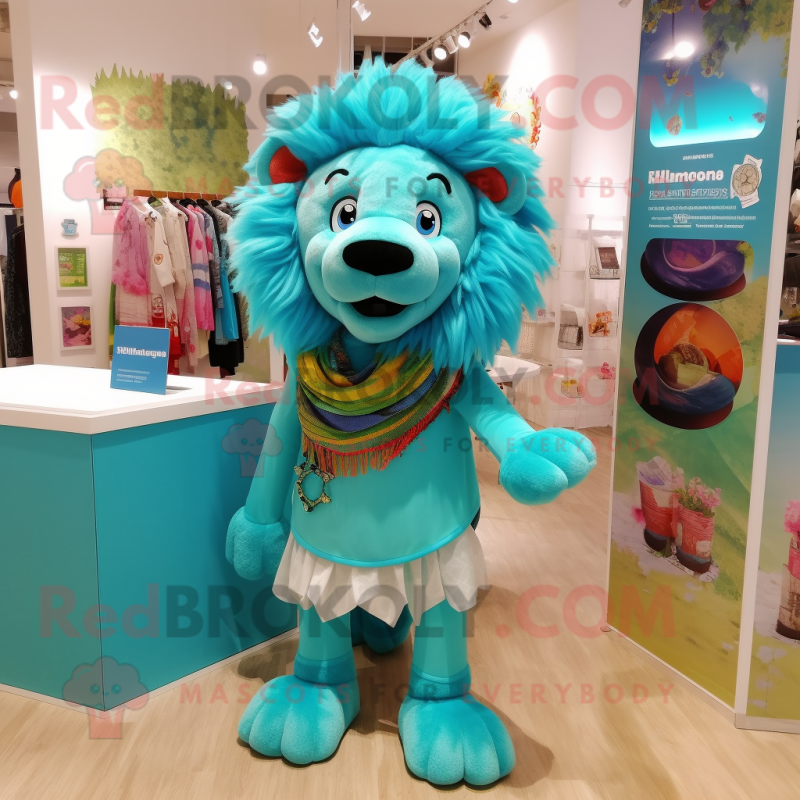 Turquoise Lion mascot costume character dressed with a Skirt and Scarves