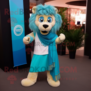 Turquoise Lion mascot costume character dressed with a Skirt and Scarves
