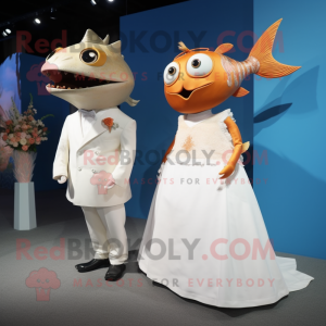 Rust Tuna mascot costume character dressed with a Wedding Dress and Brooches