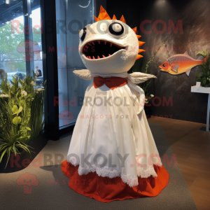 Rust Tuna mascot costume character dressed with a Wedding Dress and Brooches