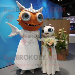 Rust Tuna mascot costume character dressed with a Wedding Dress and Brooches