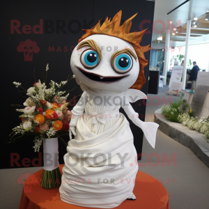 Rust Tuna mascot costume character dressed with a Wedding Dress and Brooches