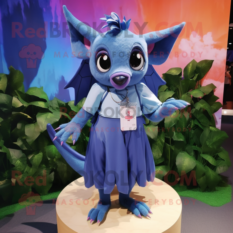 Blue Fruit Bat mascot costume character dressed with a Culottes and Anklets