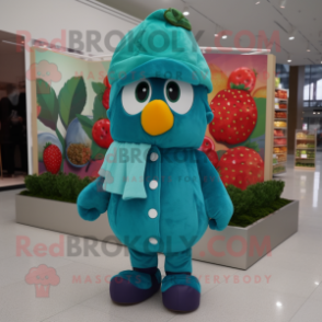 Teal Strawberry mascot costume character dressed with a Parka and Beanies