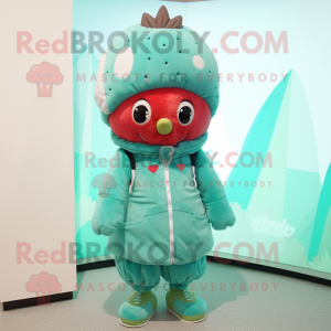 Teal Strawberry mascot costume character dressed with a Parka and Beanies