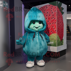 Teal Strawberry mascot costume character dressed with a Parka and Beanies