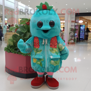 Teal Strawberry mascot costume character dressed with a Parka and Beanies
