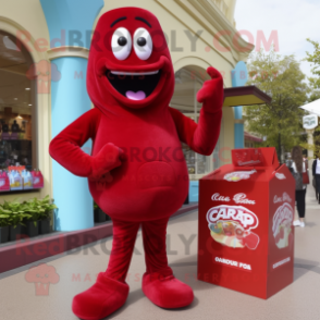 Maroon Candy Box mascot costume character dressed with a Capri Pants and Clutch bags