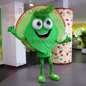 Green Pizza Slice mascot costume character dressed with a Trousers and Wraps