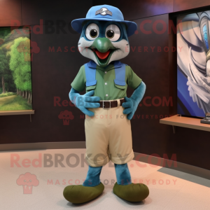 Forest Green Blue Jay mascot costume character dressed with a Cargo Shorts and Suspenders