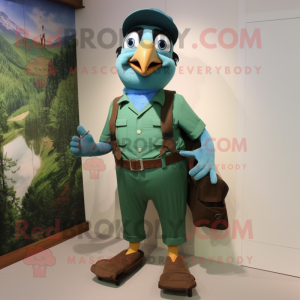 Forest Green Blue Jay mascot costume character dressed with a Cargo Shorts and Suspenders