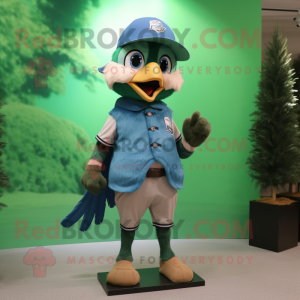 Forest Green Blue Jay mascot costume character dressed with a Cargo Shorts and Suspenders