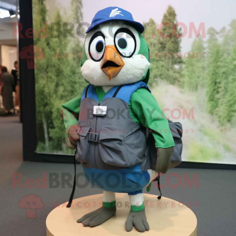 Forest Green Blue Jay mascot costume character dressed with a Cargo Shorts and Suspenders