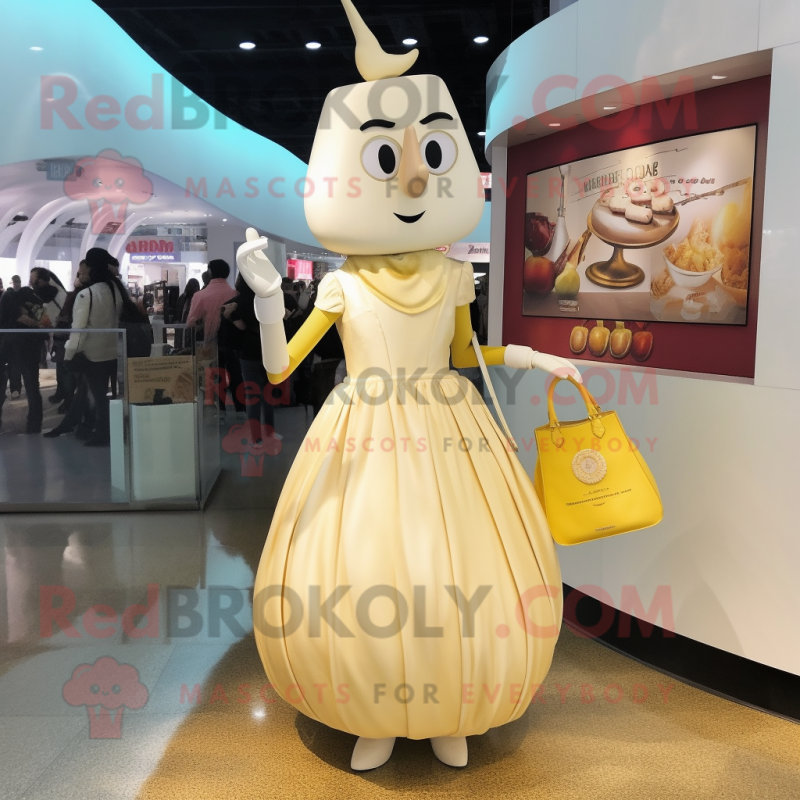 Cream Squash mascot costume character dressed with a Cocktail Dress and Handbags