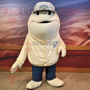 Cream Humpback Whale mascot costume character dressed with a Mom Jeans and Shoe laces