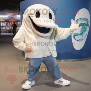 Cream Humpback Whale mascot costume character dressed with a Mom Jeans and Shoe laces