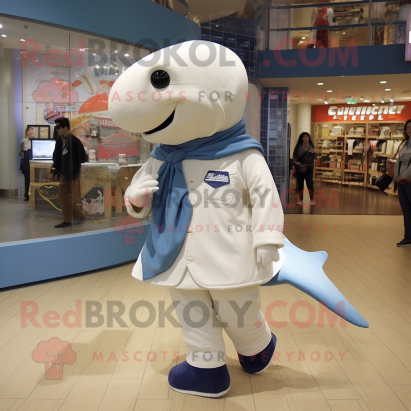 Cream Humpback Whale mascot costume character dressed with a Mom Jeans and Shoe laces