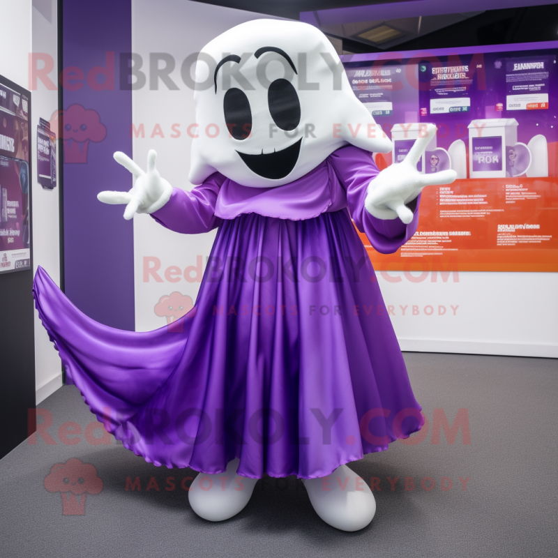 Purple Ghost mascot costume character dressed with a Skirt and Cummerbunds Purple Ghost mascot costume character dressed with a Skirt and Cummerbunds