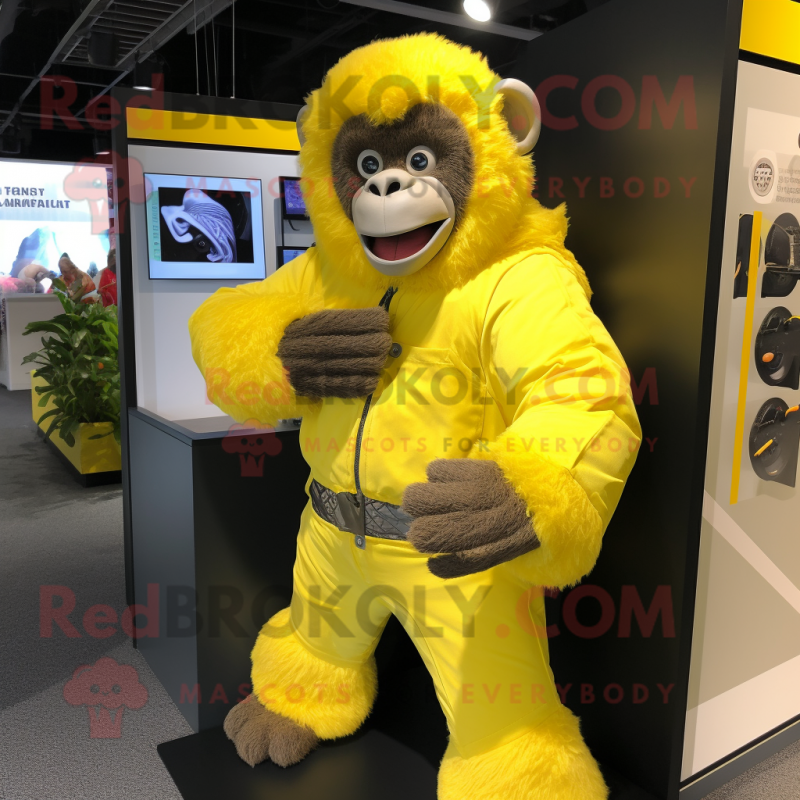 Lemon Yellow Gorilla mascot costume character dressed with a Jacket and Clutch bags