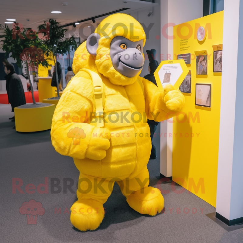 Lemon Yellow Gorilla mascot costume character dressed with a Jacket and Clutch bags Lemon Yellow Gorilla mascot costume character dressed with a Jacket and Clutch bags