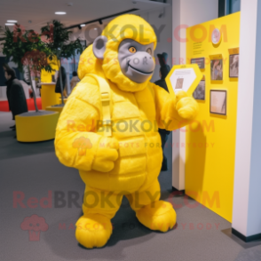 Lemon Yellow Gorilla mascot costume character dressed with a Jacket and Clutch bags