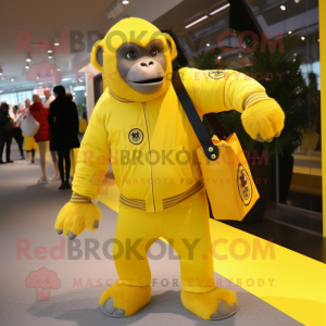 Lemon Yellow Gorilla mascot costume character dressed with a Jacket and Clutch bags