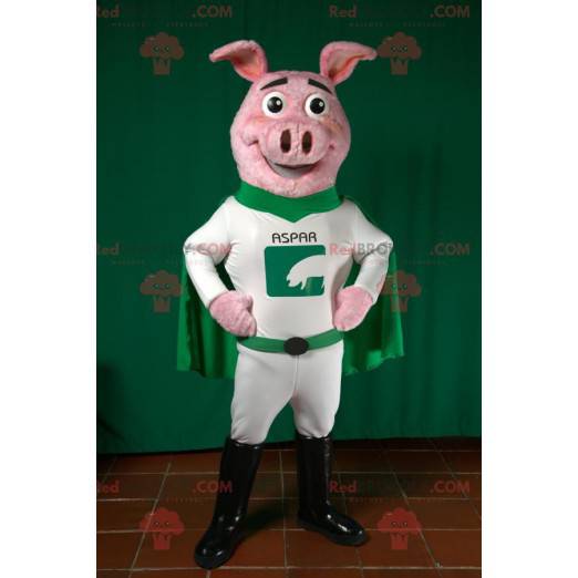 Mascota de cerdo en traje de superhéroe verde y blanco -