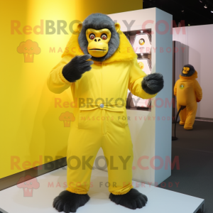 Lemon Yellow Gorilla mascot costume character dressed with a Jacket and Clutch bags