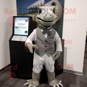 Gray Lizard mascot costume character dressed with a Midi Dress and Pocket squares